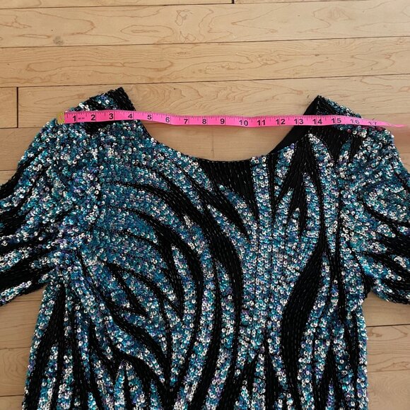 Vintage Oleg Cassini Sequin Top Small 80s Glam Iridescent Blue Black Beaded NYE - Picture 8 of 10